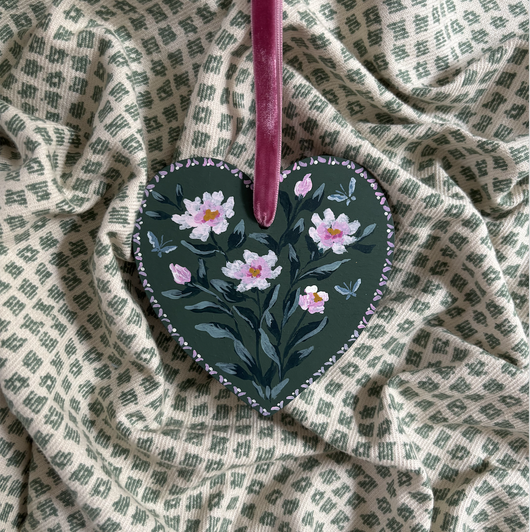 Wooden heart - Pink peony