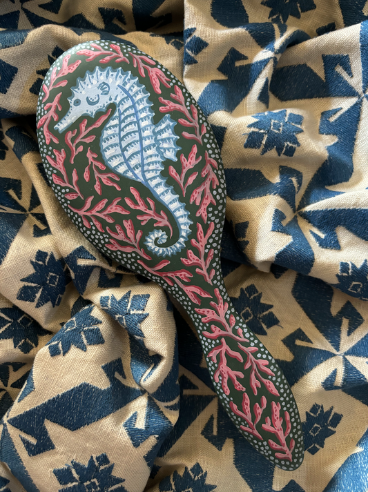 Large hand-painted hairbrush - Blue Seahorse and coral